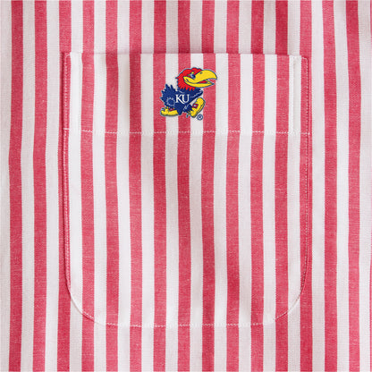 Red and white striped shirt pocket with KU Jayhawk logo embroidery. Class Trip | Officially Licensed Collegiate Apparel