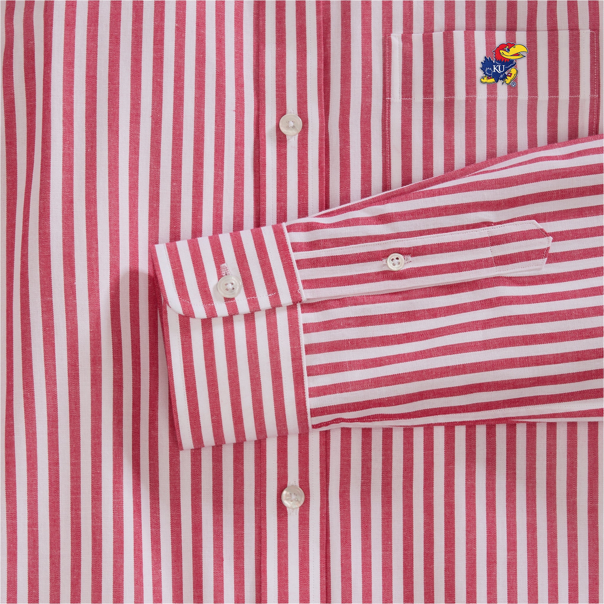 Red and white striped women's poplin shirt with embroidered collegiate logo, button cuff detail. Class Trip | Officially Licensed Collegiate Apparel