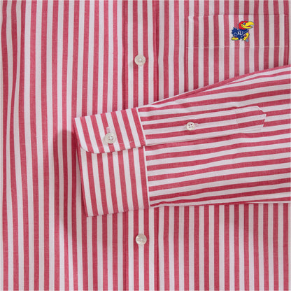 Red and white striped women's poplin shirt with embroidered collegiate logo, button cuff detail. Class Trip | Officially Licensed Collegiate Apparel