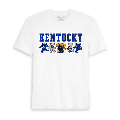 White Class Trip tee with 'KENTUCKY' text and dancing bears. Kentucky x Grateful Dead Mascot Bears Tee Class Trip | Higher Education
