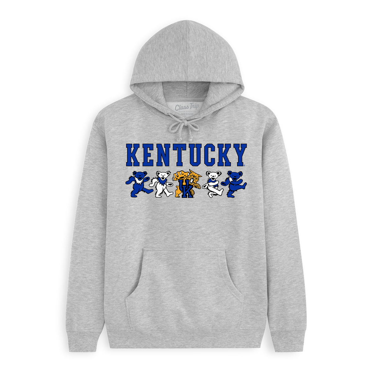 Grey Class Trip hoodie featuring Kentucky text and mascot bears. Kentucky x Grateful Dead Mascot Bears Hoodie Class Trip | Higher Education