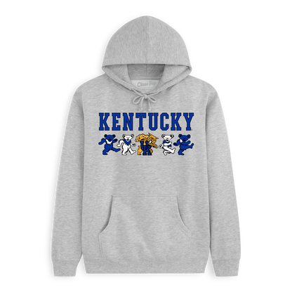 Grey Class Trip hoodie featuring Kentucky text and mascot bears. Kentucky x Grateful Dead Mascot Bears Hoodie Class Trip | Higher Education