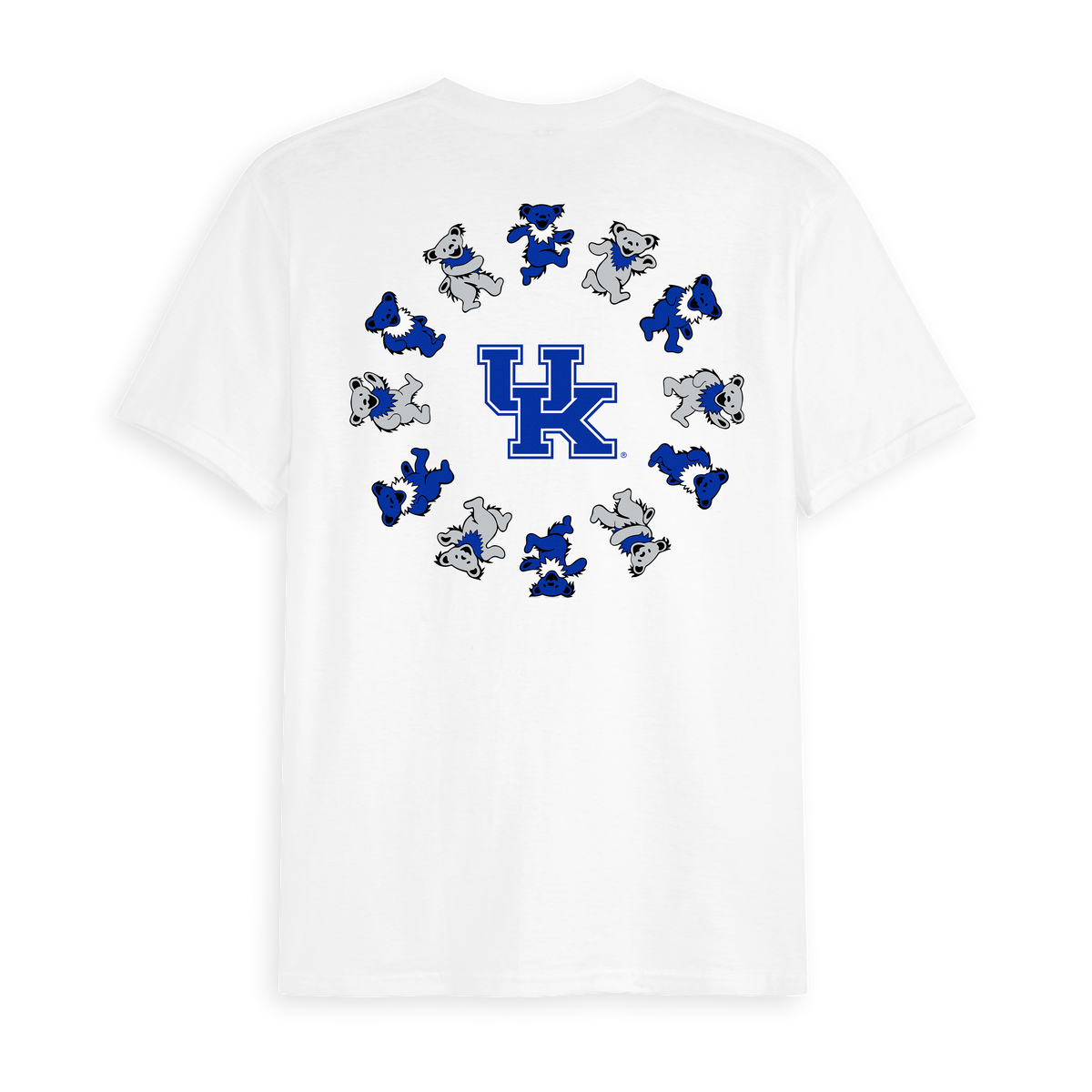 White t-shirt featuring blue dancing bears around a blue UK logo. Kentucky x Grateful Dead Circle Bears Tee Class Trip | Higher Education