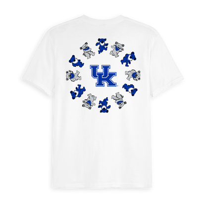 White t-shirt featuring blue dancing bears around a blue UK logo. Kentucky x Grateful Dead Circle Bears Tee Class Trip | Higher Education
