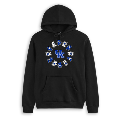 Black Class Trip hoodie with blue and white dancing bears surrounding a UK logo. Kentucky x Grateful Dead Circle Bears Hoodie Class Trip | Higher Education