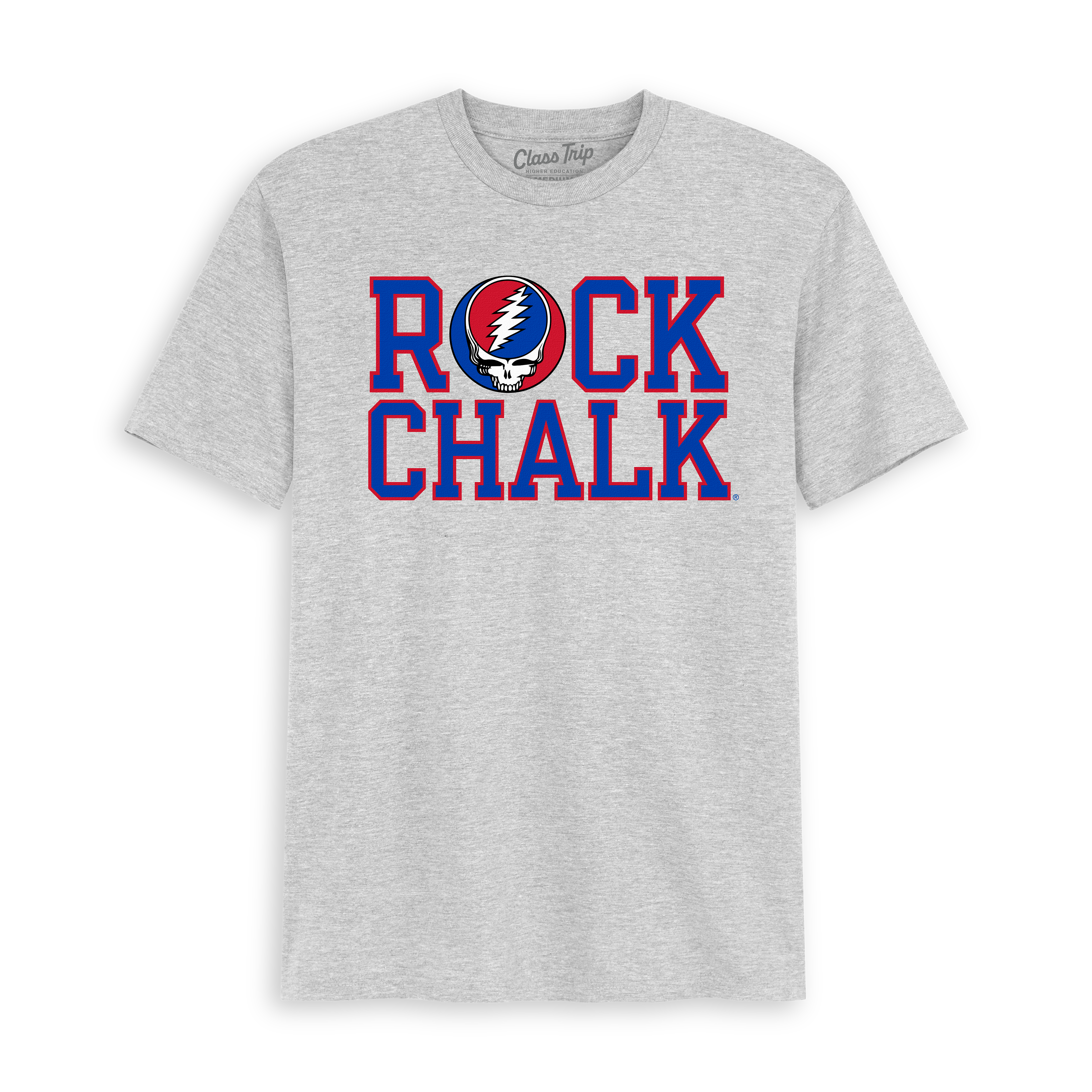 Grey Rock Chalk t-shirt with blue and red lettering and skull logo, Class Trip | Officially Licensed Collegiate Apparel