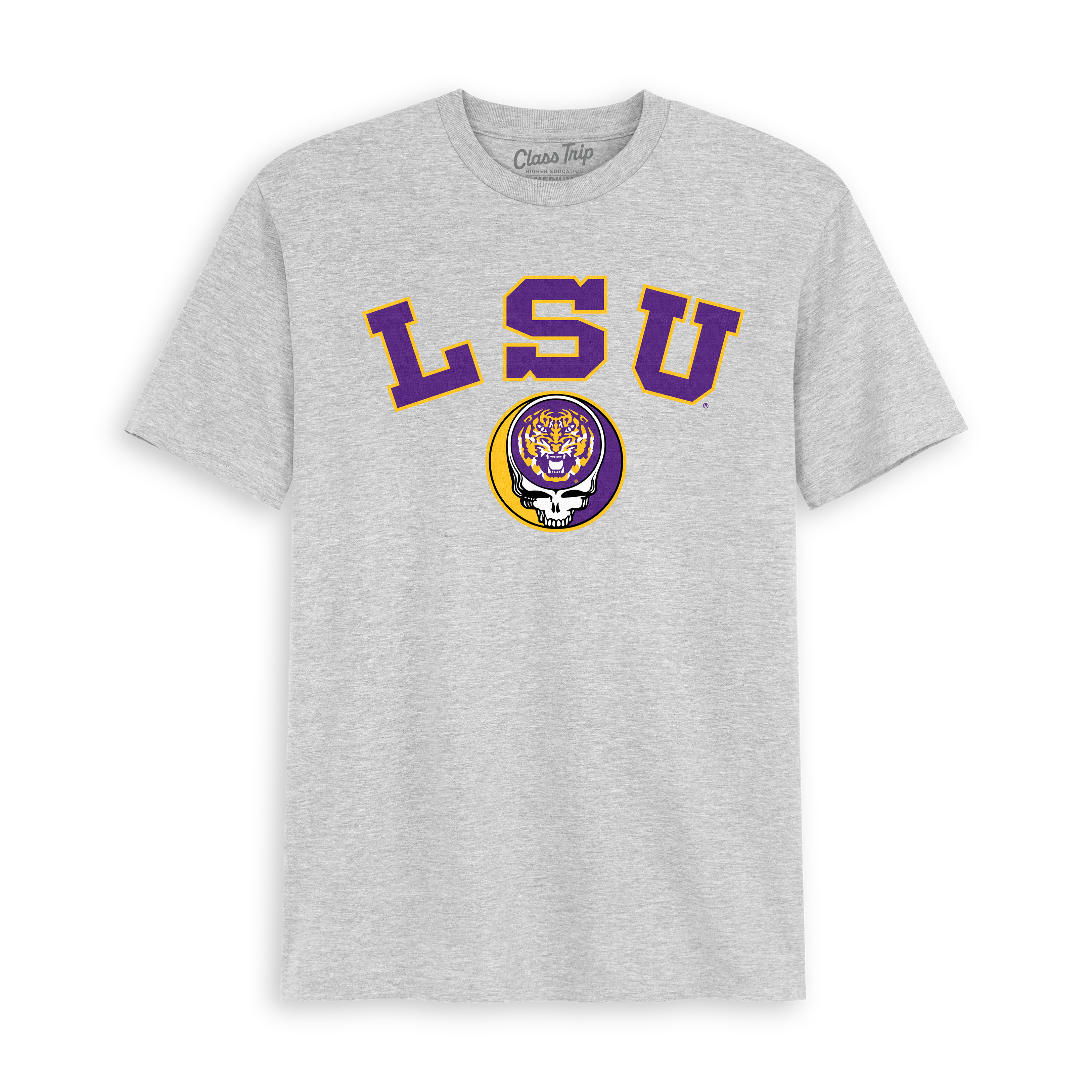 Heather gray LSU graphic tee with purple and gold tiger skull logo. Class Trip | Officially Licensed Collegiate Apparel