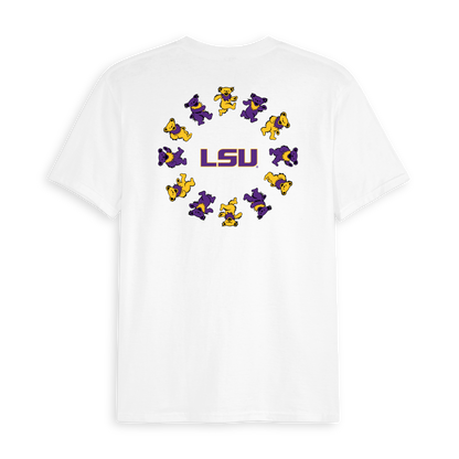 White LSU t-shirt with purple and gold dancing bears in a circle. Class Trip | Officially Licensed Collegiate Apparel