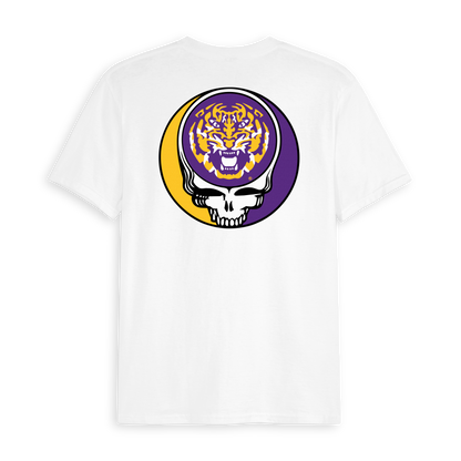 White collegiate tee with purple and yellow tiger skull logo on back. Class Trip | Officially Licensed Collegiate Apparel