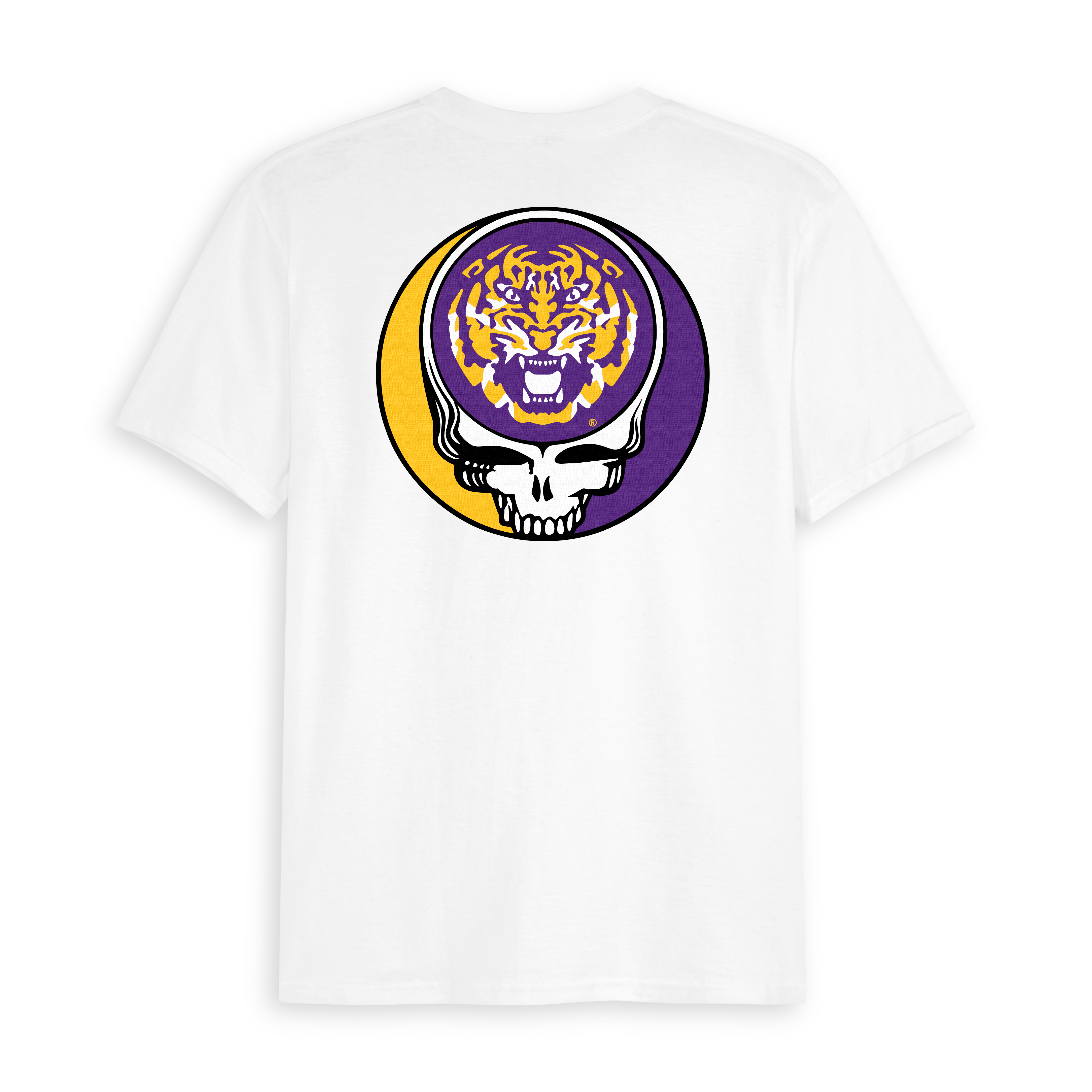 White collegiate tee with purple and yellow tiger skull logo on back. Class Trip | Officially Licensed Collegiate Apparel