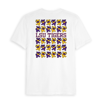 White LSU Tigers t-shirt with purple and gold dancing bears graphic on back. Class Trip | Officially Licensed Collegiate Apparel