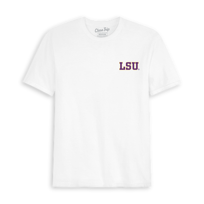 White t-shirt with LSU logo on the front, collegiate short sleeve tee. Class Trip | Officially Licensed Collegiate Apparel