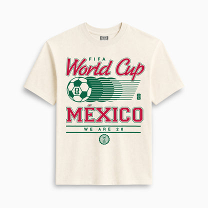 Cream FIFA World Cup Mexico soccer tee with red and green graphics, vintage style. Class Trip | Higher Education