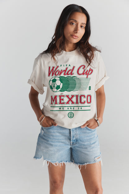 FIFA World Cup Mexico 2026 vintage graphic tee, cream cotton crewneck with green and red print. Class Trip | Higher Education