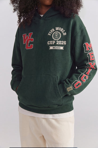 Green FIFA World Cup 2026 Mexico hoodie with vintage graphics and sleeve lettering. Class Trip | Higher Education