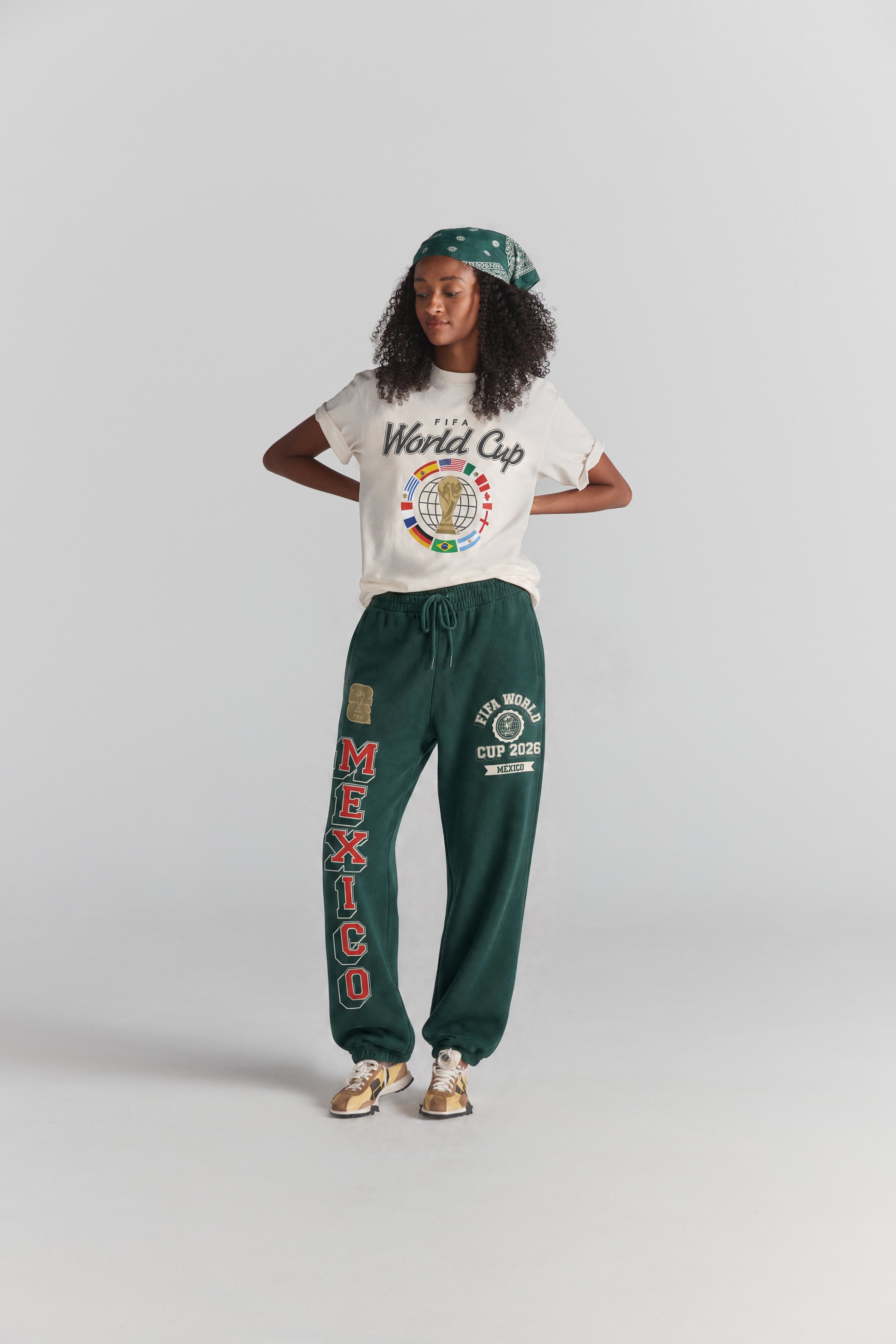 FIFA World Cup 2026 Mexico sweatpants with vintage graphic, paired with matching tee and bandana. Class Trip | Higher Education