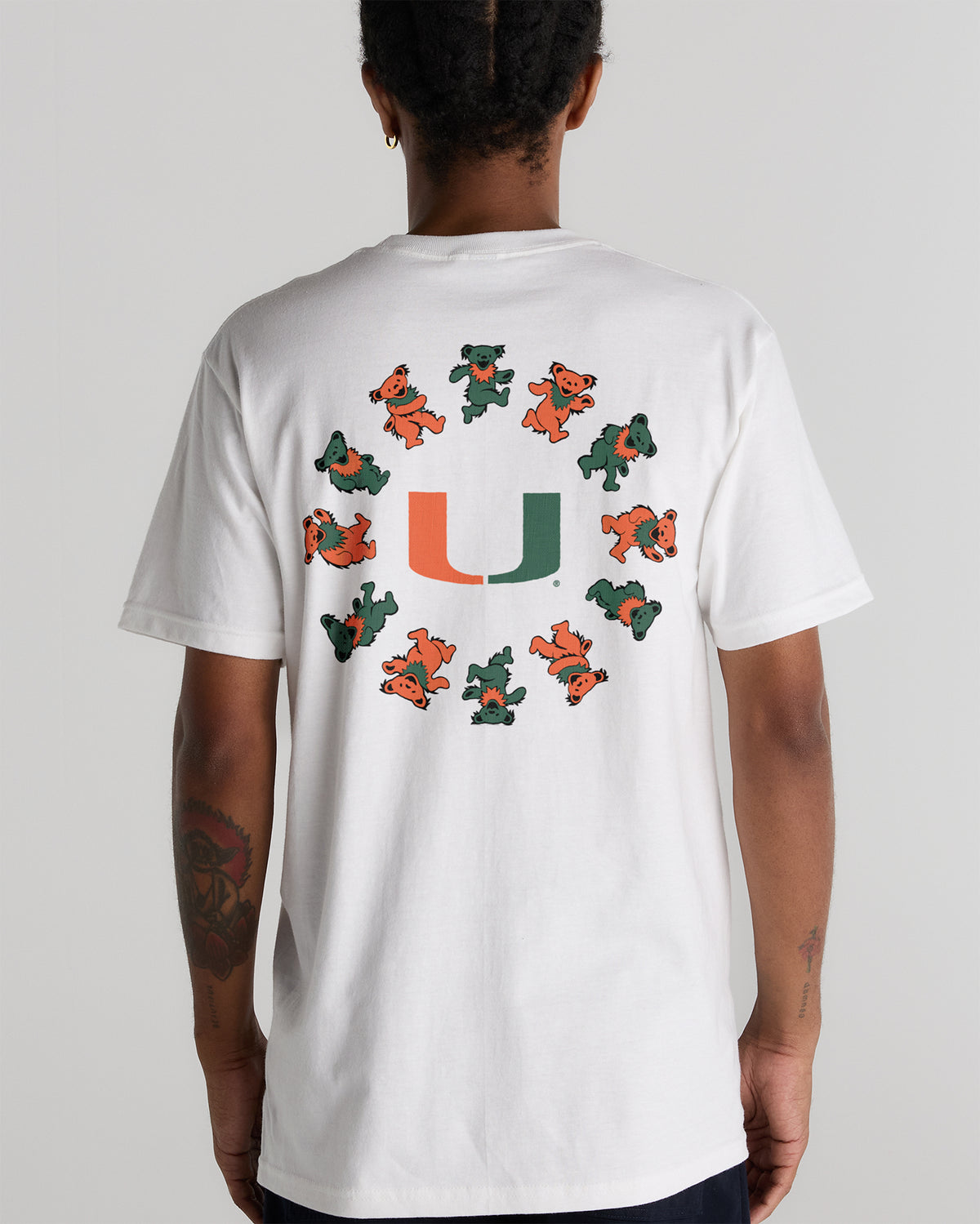 Back view of a white Class Trip tee with University of Miami and Grateful Dead circle bears. University of Miami x Grateful Dead Circle Bears Tee Class Trip | Higher Education
