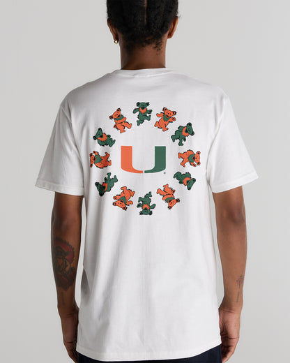 Back view of a white Class Trip tee with University of Miami and Grateful Dead circle bears. University of Miami x Grateful Dead Circle Bears Tee Class Trip | Higher Education