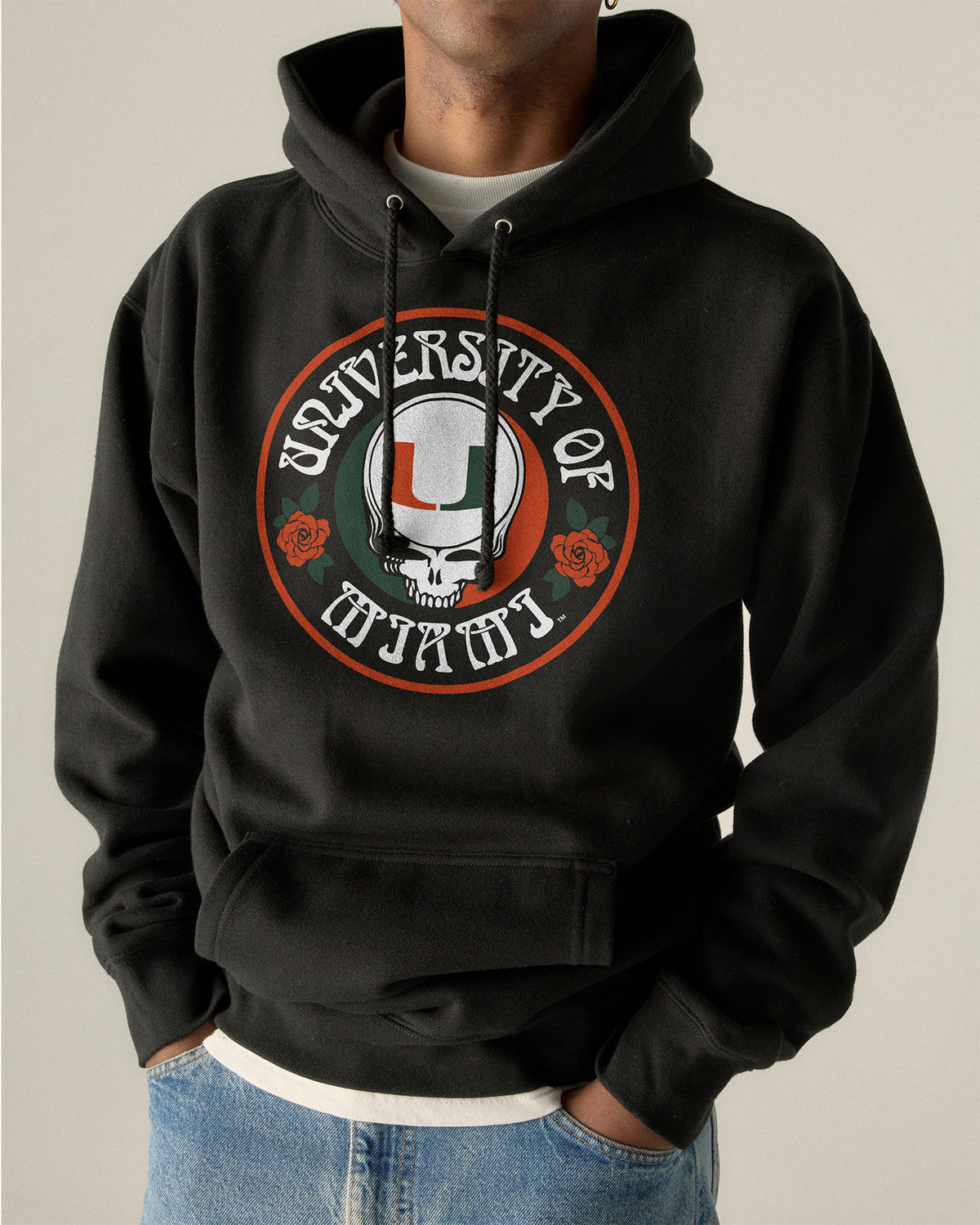 Black Class Trip hoodie with University of Miami x Grateful Dead graphic. University of Miami x Grateful Dead Run For The Roses Hoodie Class Trip | Higher Education