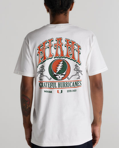 Back view of a white Class Trip t-shirt with a University of Miami x Grateful Dead graphic. University of Miami x Grateful Dead Shakedown Tee Class Trip | Higher Education