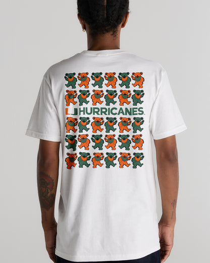 Back view of a white University of Miami x Grateful Dead Stacked Bears Tee by Class Trip | Higher Education