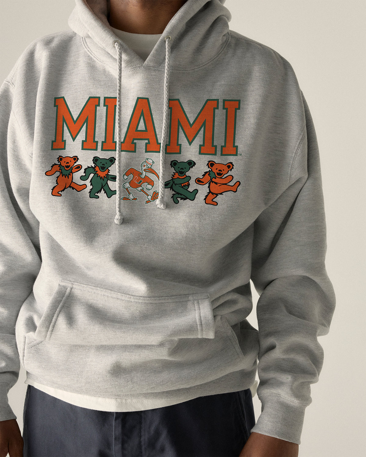 Grey Class Trip hoodie with Miami text and Grateful Dead bears. University of Miami x Grateful Dead Mascot Bears Hoodie Class Trip | Higher Education