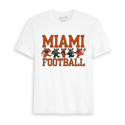 White Class Trip t-shirt with Miami Football text and dancing bears. University of Miami x Grateful Dead Football Bears Tee Class Trip | Higher Education