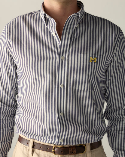 Men's navy and white striped poplin button-up shirt with collegiate logo on pocket, Class Trip | Officially Licensed Collegiate Apparel