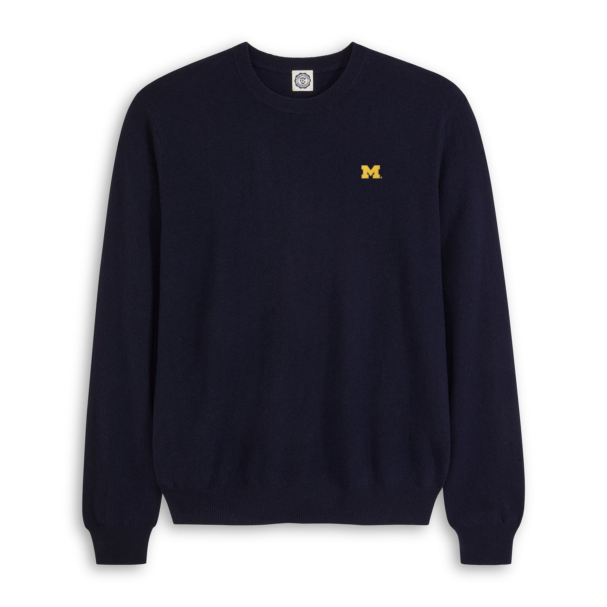 Men's navy merino crewneck sweater with yellow M logo, collegiate apparel. Class Trip | Officially Licensed Collegiate Apparel