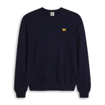 Men's navy merino crewneck sweater with yellow M logo, collegiate apparel. Class Trip | Officially Licensed Collegiate Apparel