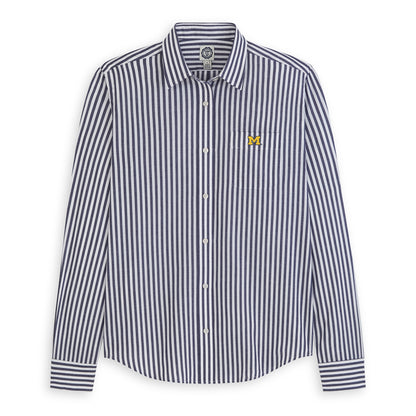 Women's navy and white striped poplin button-down shirt with collegiate logo, long sleeves. Class Trip | Officially Licensed Collegiate Apparel