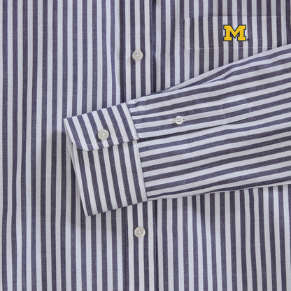 Navy and white striped poplin shirt with yellow collegiate logo on pocket, Class Trip | Officially Licensed Collegiate Apparel