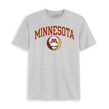 Front flat lay of the Grey Minnesota x Grateful Dead Steal Your Face Arch Tee. Class Trip | Higher Education