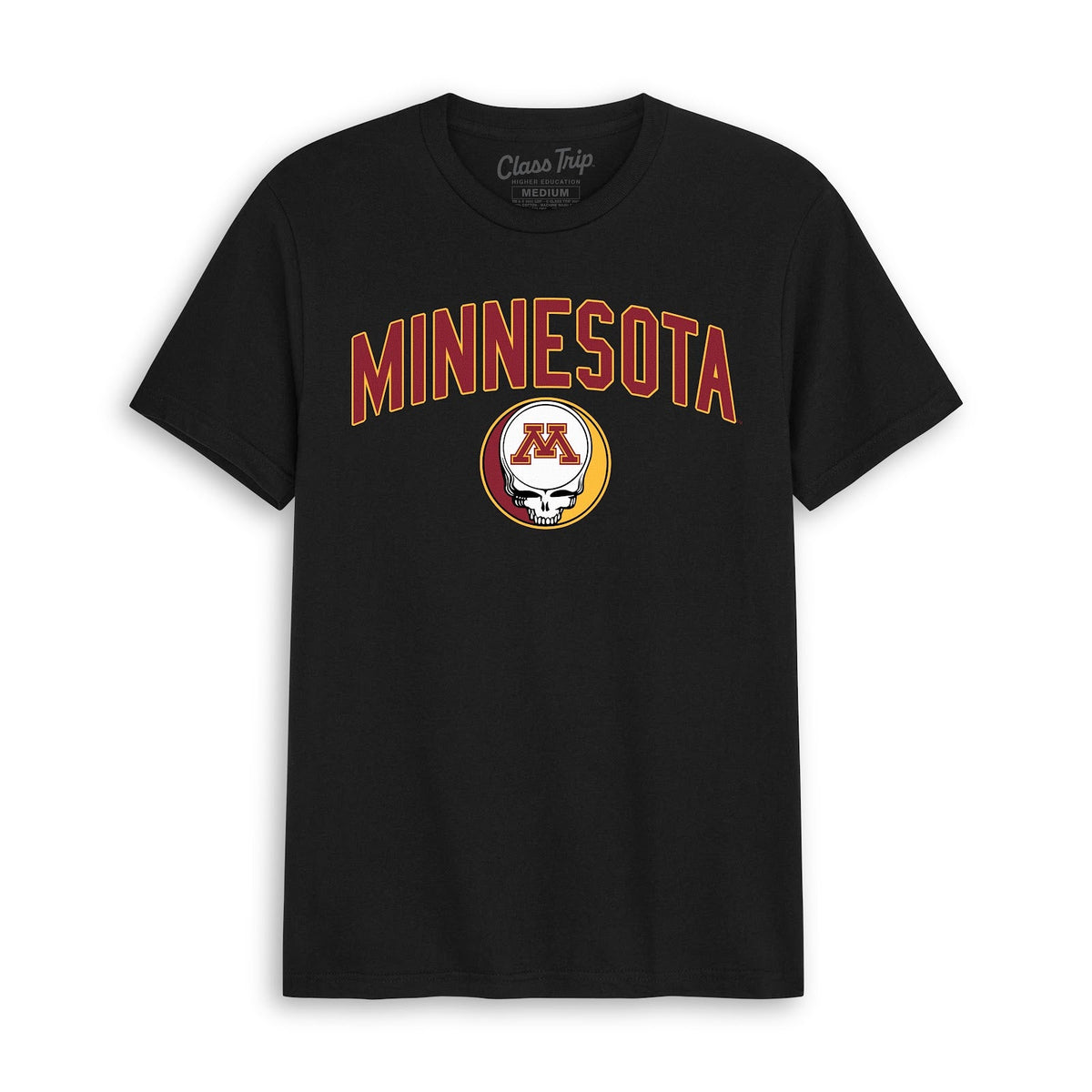 Front flat lay of the Black Minnesota x Grateful Dead Steal Your Face Arch Tee. Class Trip | Higher Education
