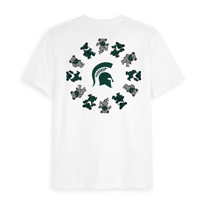 White Class Trip t-shirt featuring Michigan State Spartan logo circled by Grateful Dead dancing bears. Michigan State x Grateful Dead Circle Bears Tee Class Trip | Higher Education