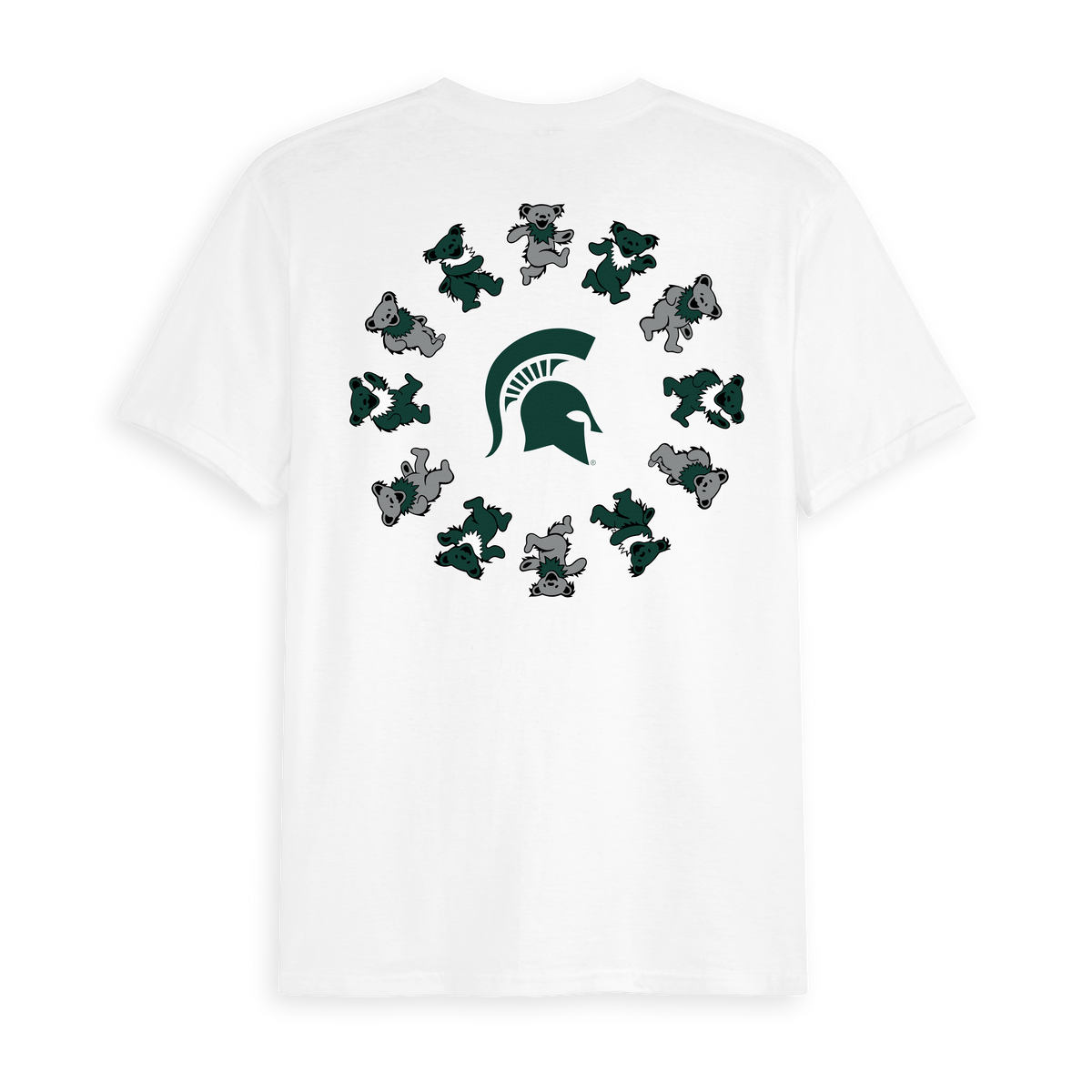 White Class Trip t-shirt featuring Michigan State Spartan logo circled by Grateful Dead dancing bears. Michigan State x Grateful Dead Circle Bears Tee Class Trip | Higher Education