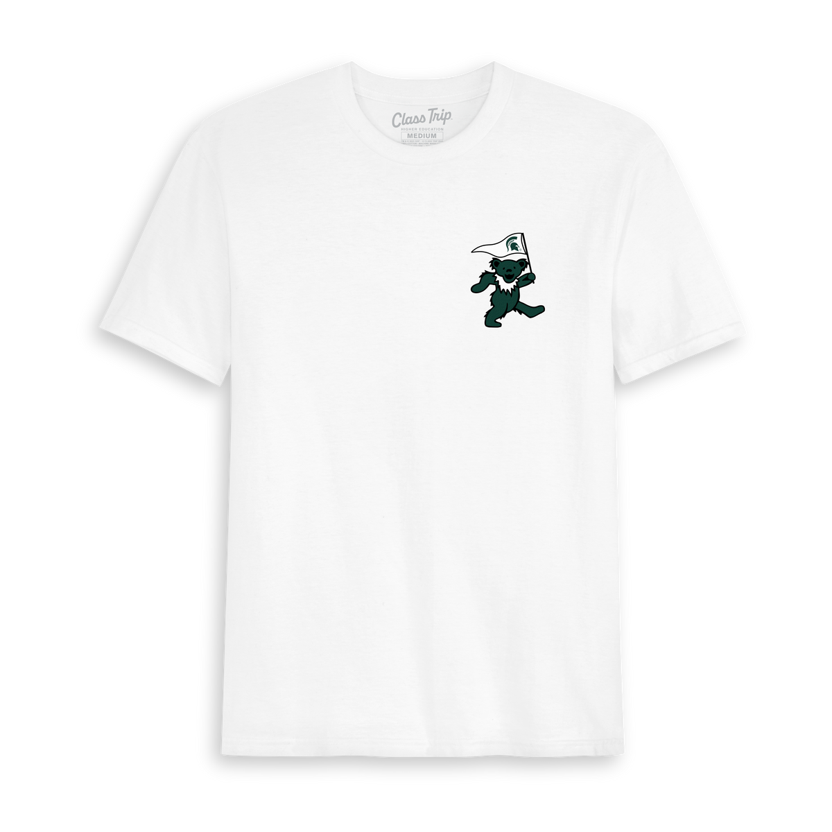 White Class Trip t-shirt with a green dancing bear graphic. Michigan State x Grateful Dead Circle Bears Tee Class Trip | Higher Education
