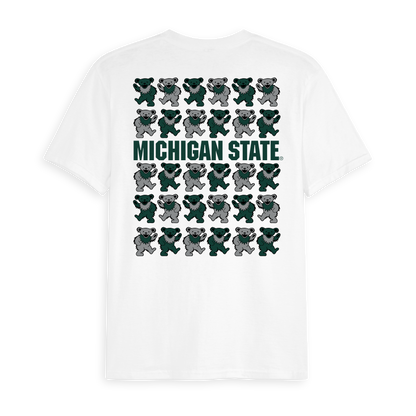 White Class Trip t-shirt with green and grey dancing bears and MICHIGAN STATE text. Michigan State x Grateful Dead Stacked Bears Tee Class Trip | Higher Education