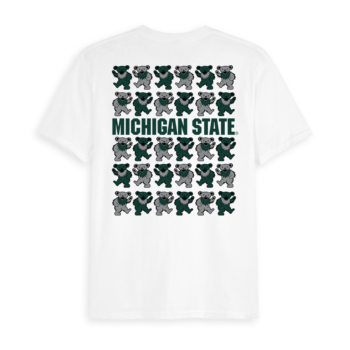 White Class Trip t-shirt with green and grey dancing bears and MICHIGAN STATE text. Michigan State x Grateful Dead Stacked Bears Tee Class Trip | Higher Education
