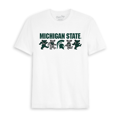 White Class Trip t-shirt with Michigan State and dancing bears. Michigan State x Grateful Dead Mascot Bears Tee Class Trip | Higher Education