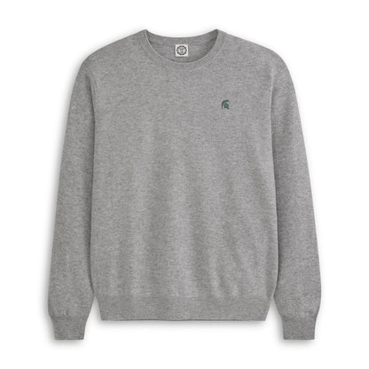 Men's grey merino crewneck sweater with small green collegiate logo on chest. Class Trip | Officially Licensed Collegiate Apparel