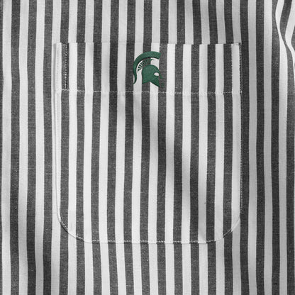Black and white striped men's shirt pocket with green helmet logo detail, Class Trip | Officially Licensed Collegiate Apparel