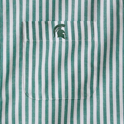 Green and white striped men's shirt pocket with embroidered Spartan helmet logo. Class Trip | Officially Licensed Collegiate Apparel