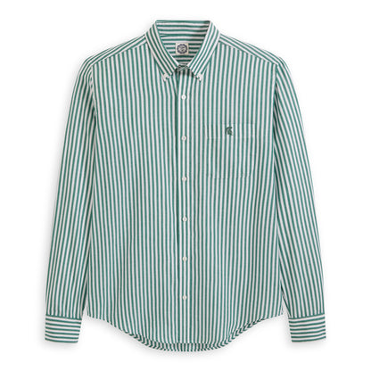 Men's green and white striped poplin button-down shirt with front pocket. Class Trip | Officially Licensed Collegiate Apparel