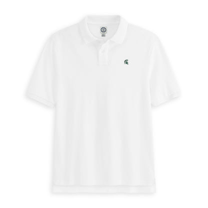 White collegiate polo shirt with green Spartan helmet logo, short sleeves, button collar. Class Trip | Officially Licensed Collegiate Apparel