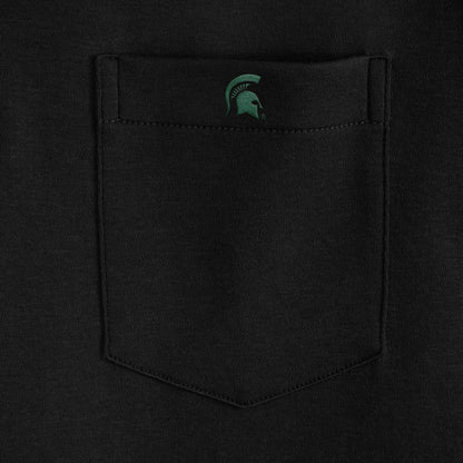 Black collegiate pocket polo shirt with green Spartan helmet logo detail. Class Trip | Officially Licensed Collegiate Apparel