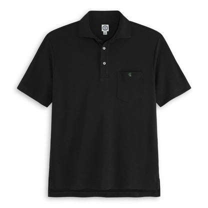 Black collegiate short sleeve polo shirt with chest pocket and embroidered university logo. Class Trip | Officially Licensed Collegiate Apparel