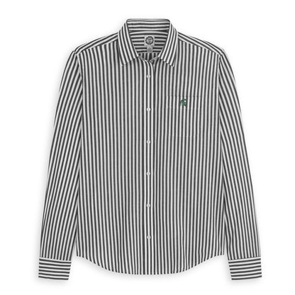 Women's black and white striped button-up poplin shirt with college logo on pocket, Class Trip | Officially Licensed Collegiate Apparel