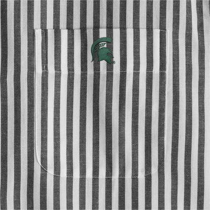 Black and white striped women's poplin shirt pocket with collegiate logo embroidery. Class Trip | Officially Licensed Collegiate Apparel
