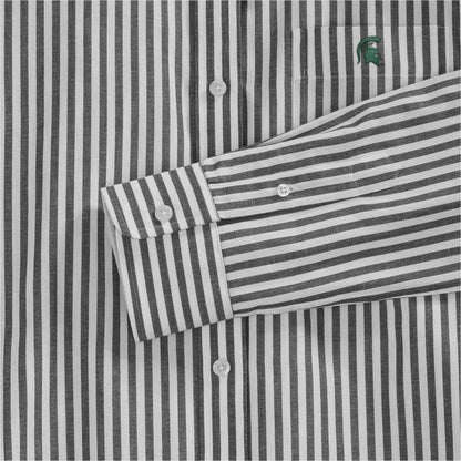 Black and white striped women's poplin shirt with green embroidered logo detail, official collegiate apparel. Class Trip | Officially Licensed Collegiate Apparel